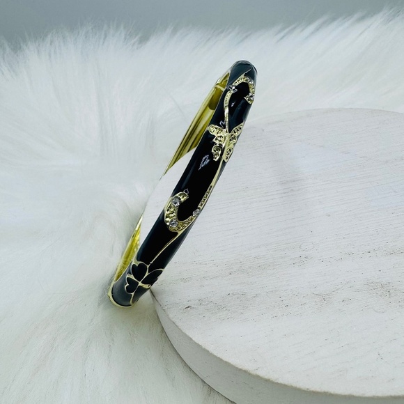 Flower Enamel Cloisonne Bracelet Bangle in Black & Gold - Picture 1 of 5